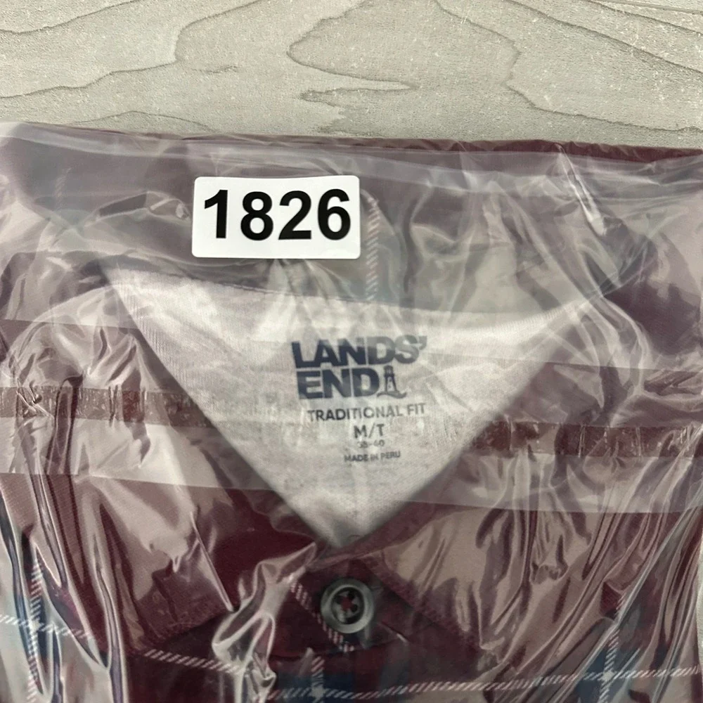 Lands End Mens Medium Tall Traditional Fit Long Sleeve Polo Shirt Plaid Burgundy